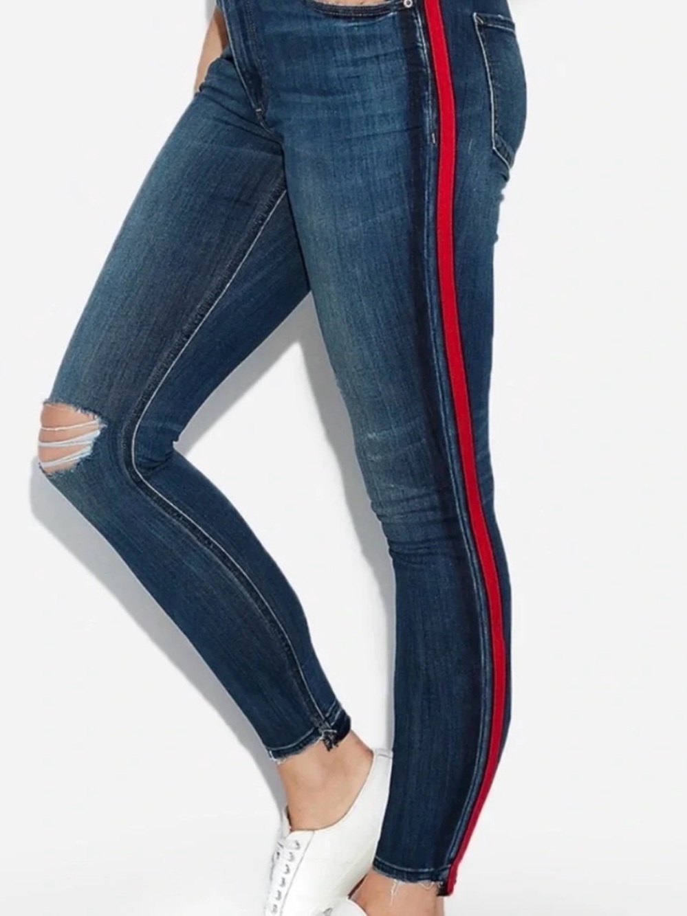 Express Dark Blue Skinny Jeans with Red Side Stripe
